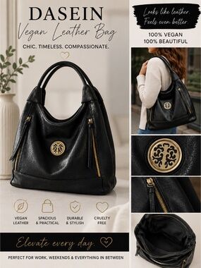 Dasein Black Vegan Leather Hobo Shoulder Bag Gold Hardware Excellent Condition